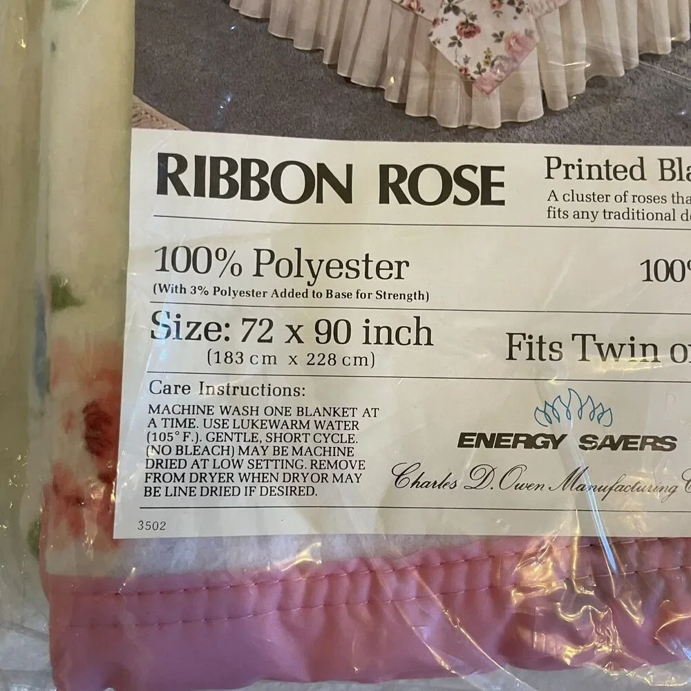 VTG NEW Ribbon Rose Polyester Floral Print Blanket Full Twin Retro MCM Owen USA